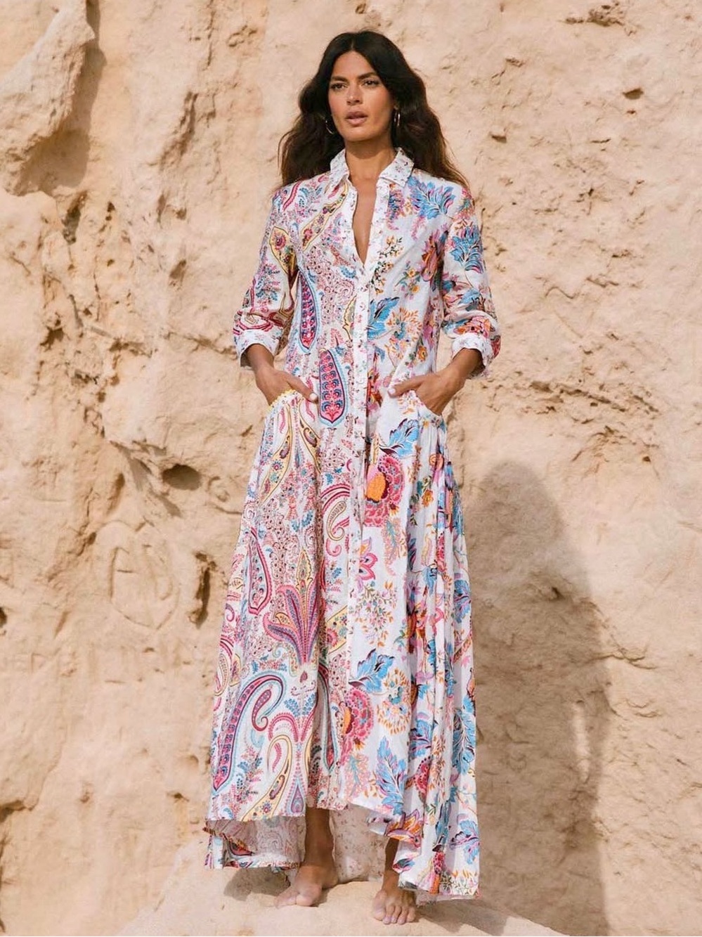 Anjuna Collection 3/4 Sleeve Maxi Dress Size Medium 100% Linen Beaded